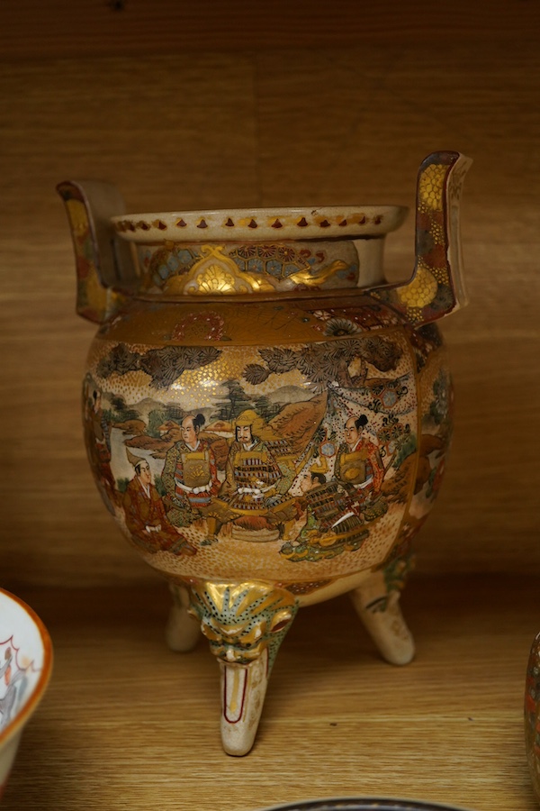 A group of Japanese ceramics to include a Satsuma tripod censer and a miniature Chinese screen, largest 24cm high